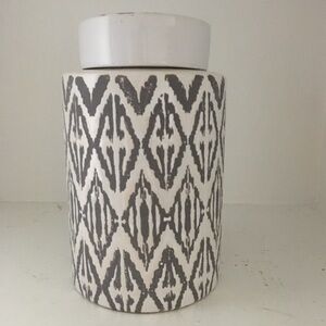 Hobby Lobby White and Gray Patterned Ceramic Jar Excellent Condition